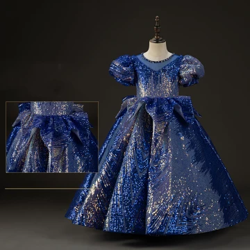 Sparkly Royal Blue Beading Pearl Sequins Rhinestone Birthday Flower Girl Dresses 2023 Ball Gown Scoop Neck Puffy Short Sleeve Floor Length Long