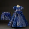 Sparkly Royal Blue Beading Pearl Sequins Rhinestone Birthday Flower Girl Dresses 2023 Ball Gown Scoop Neck Puffy Short Sleeve Floor-Length / Long