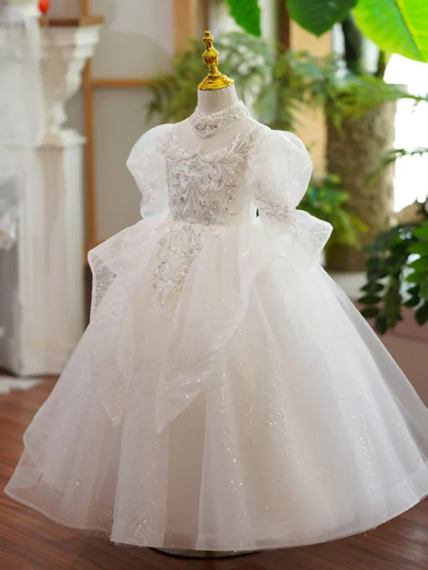 Charming White Beading Pearl Sequins Birthday Flower Girl Dresses 2023 Ball Gown High Neck Puffy Short Sleeve Backless Floor-Length / Long