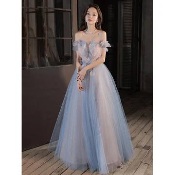 Charming Sky Blue Appliques Sequins Evening Dresses 2022 A Line Princess Off The Shoulder Sleeveless Backless Floor Length Long Evening Party Formal Dresses