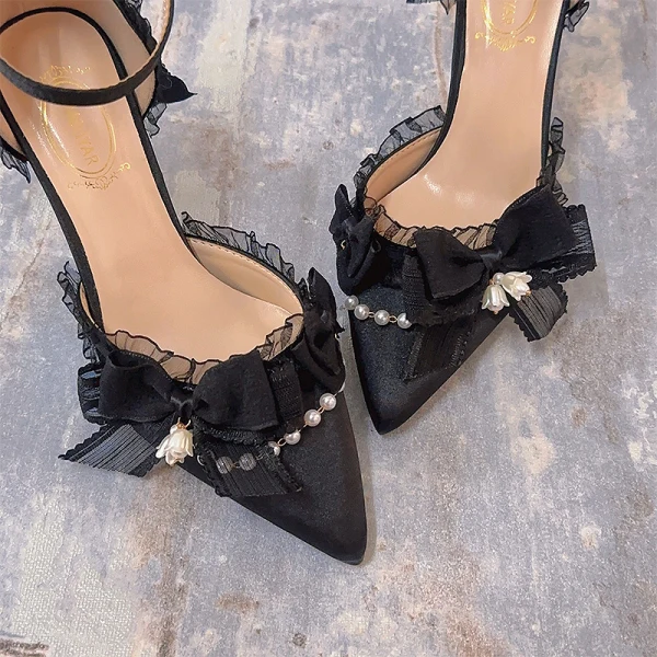 Charmant Noire Perle Noeud Bride Cheville Promo Sandales Femme 2024 9 cm Talons Aiguilles À Bout Pointu Sandales Talons Hauts