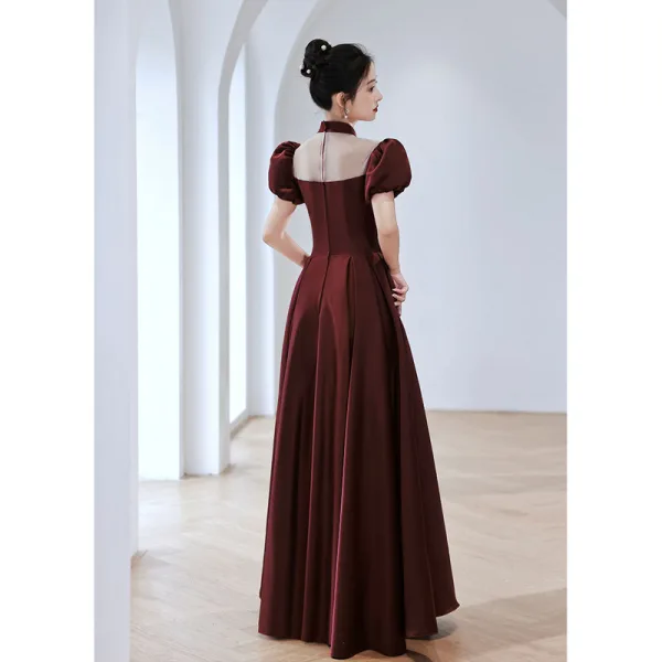 Elegant Burgundy Prom Dresses 2022 A-Line / Princess High Neck Puffy Short  Sleeve Bow Rhinestone Floor-