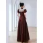 Elegant Burgundy Prom Dresses 2022 A-Line / Princess High Neck Puffy Short Sleeve Bow Rhinestone Floor-Length / Long Formal Dresses