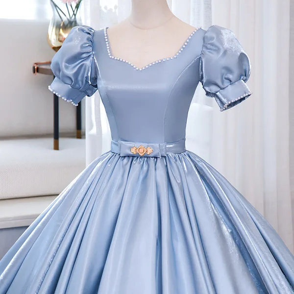 Chic / Beautiful Sky Blue Prom Dresses 2023 Ball Gown Pearl Square Neckline Puffy Short Sleeve Backless Bow Sash Floor-Length / Long Prom Formal Dresses