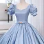 Chic / Beautiful Sky Blue Prom Dresses 2023 Ball Gown Pearl Square Neckline Puffy Short Sleeve Backless Bow Sash Floor-Length / Long Prom Formal Dresses