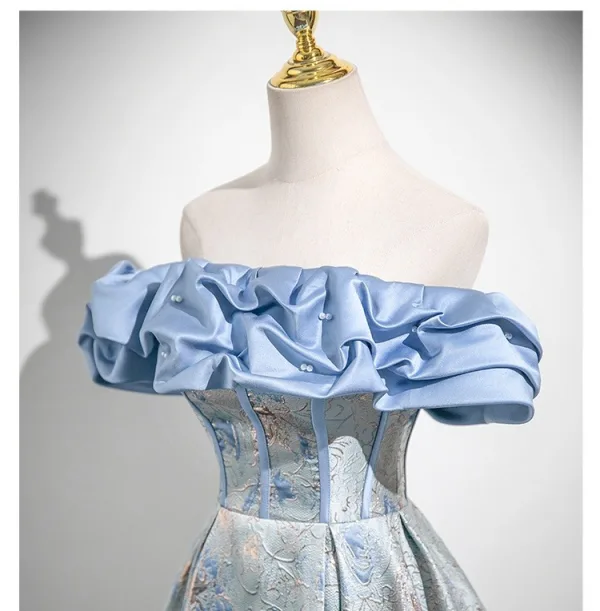 Chic / Beautiful Sky Blue Printing Prom Dresses 2025 A-Line / Princess Off-The-Shoulder Short Sleeve Backless Floor-Length / Long Formal Dresses