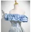 Chic / Beautiful Sky Blue Printing Prom Dresses 2025 A-Line / Princess Off-The-Shoulder Short Sleeve Backless Floor-Length / Long Formal Dresses