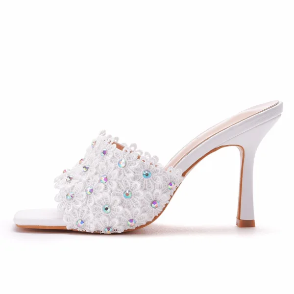 Sexy White Rhinestone Lace Flower Evening Party Womens Sandals 2023 9 cm Stiletto Heels Open / Peep Toe Sandals High Heels