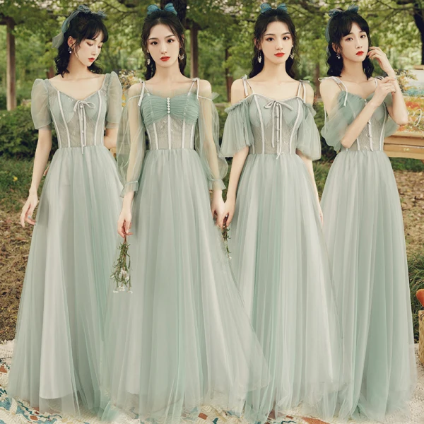Modest / Simple Sage Green Lace Bridesmaid Dresses 2022 A-Line / Princess Short Sleeve Backless Floor-Length / Long Bridesmaid