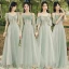 Modest / Simple Sage Green Lace Bridesmaid Dresses 2022 A-Line / Princess Short Sleeve Backless Floor-Length / Long Bridesmaid