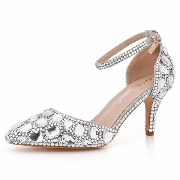 Charmant Doré Soirée Cristal Sandales Femme 2023 Bride Cheville Faux Diamant 5 cm Talons Aiguilles À Bout Pointu Sandales Talons Hauts