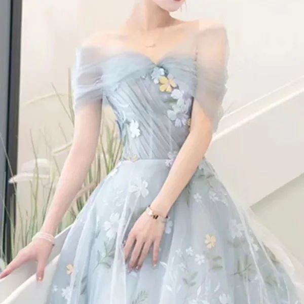 Flower Fairy Sky Blue Appliques Prom Dresses 2023 A-Line / Princess Off-The-Shoulder Short Sleeve Backless Floor-Length / Long Prom Formal Dresses
