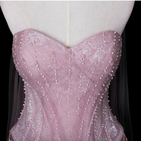Lovely Blushing Pink Pearl Sequins Prom Dresses 2026 A-Line / Princess Strapless Sleeveless Backless Floor-Length / Long Formal Dresses