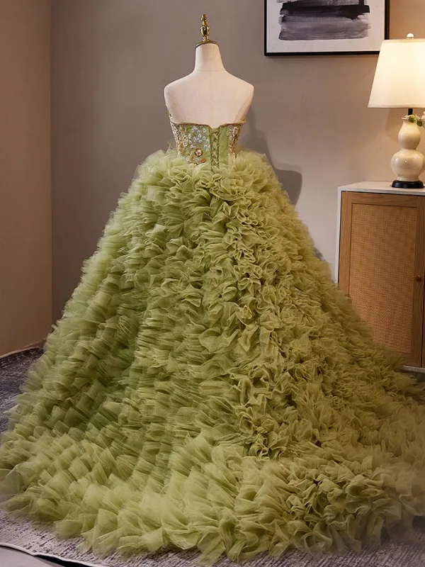 Chic / Beautiful Sage Green Beading Sequins Pleated Prom Dresses 2024 Ball Gown Strapless Sleeveless Backless Sweep Train Prom Formal Dresses