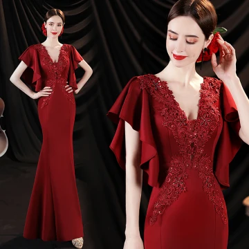 Charmant Bordeaux Perlage En Dentelle Fleur Satin Robe De Soirée 2022 Trompette Sirène V Cou Manches Courtes Dos Nu Longue Promo Robe De Ceremonie