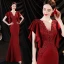 Charming Burgundy Beading Lace Flower Satin Evening Dresses 2022 Trumpet / Mermaid V-Neck Short Sleeve Backless Floor-Length / Long Prom Formal Dresses