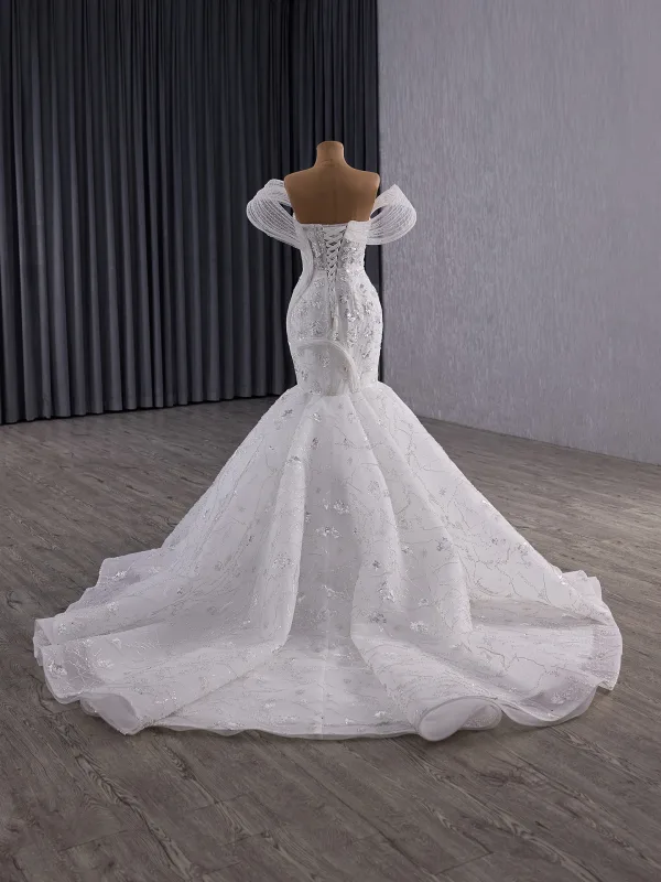 Luxury / Gorgeous White Handmade  Beading Pearl Sequins Rhinestone Wedding Dresses 2025 Trumpet / Mermaid Strapless Sleeveless Backless Court Train