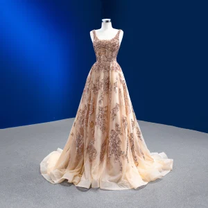 Scintillantes Doré Fait Main Perlage Paillettes Robe De Soirée 2022 Princesse U Cou Sans Manches Dos Nu Train De Balayage Promo Robe De Ceremonie