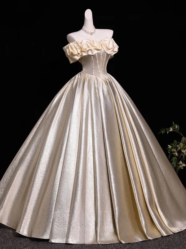 Elegant Prom Dresses Champagne 2026 Ball Gown Ruffle Off-The-Shoulder Short Sleeve Backless Floor-Length / Long Formal Dresses