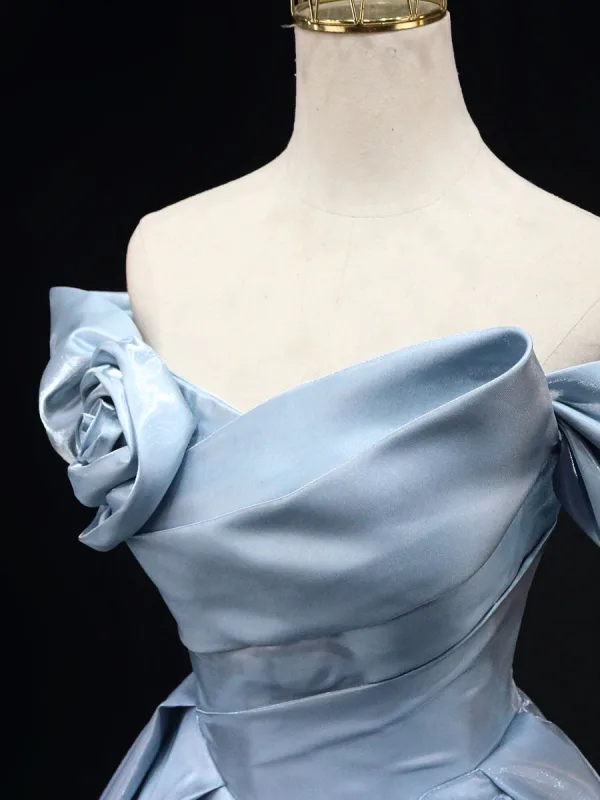 Fashion Sky Blue Ball Gown Prom Dresses 2025 Off-The-Shoulder Short Sleeve Backless Sweep Train Prom Formal Dresses