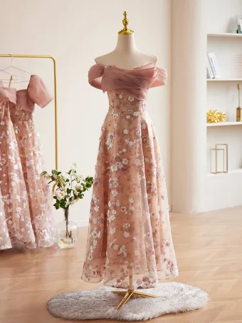 Schöne Rosa Pailletten Brautjungfernkleider 2024 A Linie Off Shoulder Kurze Ärmel Rückenfreies Lange