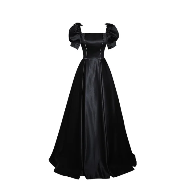 Vintage / Retro Black Pearl Satin Evening Dresses 2023 A-Line / Princess Square Neckline Puffy Short Sleeve Backless Floor-Length / Long Prom Formal Dresses