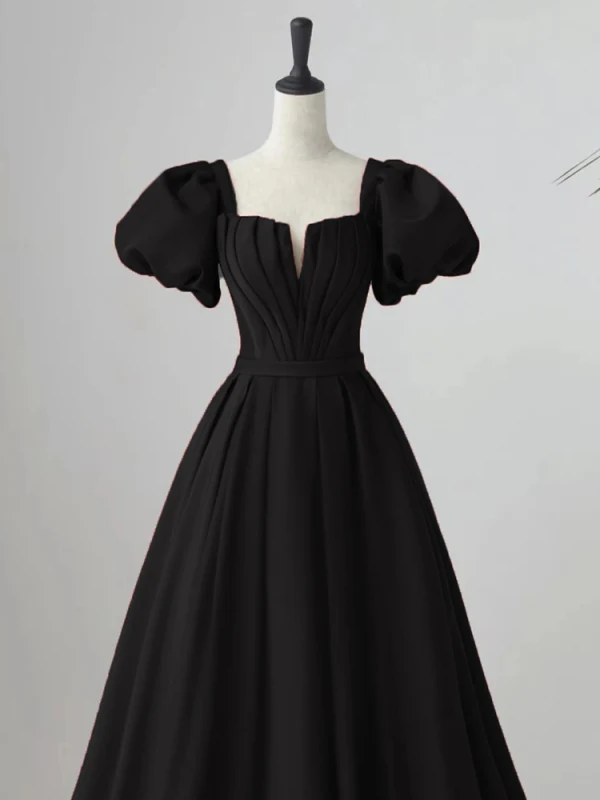 Chic / Beautiful Black Evening Dresses 2023 A-Line / Princess Square Neckline Puffy Short Sleeve Backless Sash Floor-Length / Long Evening Party Formal Dresses