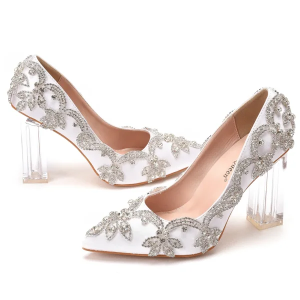 Charmant Blanche Cristal Chaussure De Mariée 2022 9 cm Talons Épais Faux Diamant À Bout Pointu Mariage Escarpins Talons Hauts