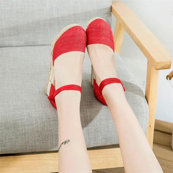Modest / Simple Red Summer Street Wear Womens Sandals 2023 Ankle Strap 6 cm Wedges Round Toe Sandals