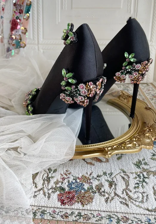 Chic / Belle Noire Faux Diamant Promo Escarpins 2024 Satin 10 cm Talons Aiguilles À Bout Pointu Escarpins Talons Hauts