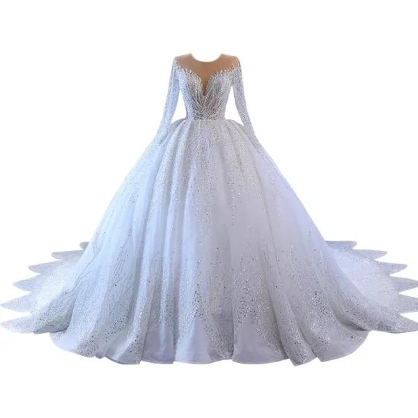 Luxury / Gorgeous White Handmade Beading Rhinestone Wedding Dresses 2023 Ball Gown Scoop Neck Long Sleeve Backless Royal Train Wedding