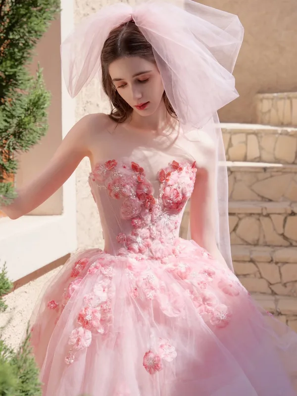 Flower Fairy Blushing Pink Appliques Prom Dresses 2025 Ball Gown Strapless Sleeveless Backless Floor-Length / Long Formal Dresses