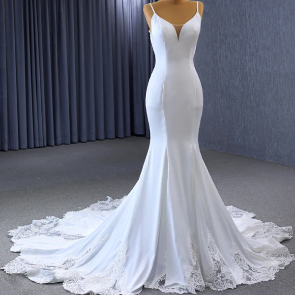 High End Weiß Satin Spitze Blumen Brautkleider / Hochzeitskleider 2023 Meerjungfrau Spaghettiträger Ärmellos Rückenfreies Kapelle-Schleppe Hochzeit
