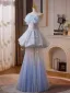 Sexy Sky Blue Beading Lace Flower Appliques Pearl Evening Dresses 2026 Trumpet / Mermaid Strapless Sleeveless Backless Floor-Length / Long Formal Dresses