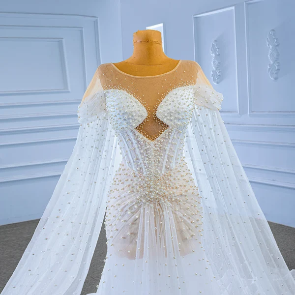 Elegant High-end White Beading Pearl Wedding Dresses 2023 Trumpet / Mermaid Scoop Neck Short Sleeve Royal Train Wedding