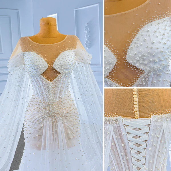 Elegant High-end White Beading Pearl Wedding Dresses 2023 Trumpet / Mermaid Scoop Neck Short Sleeve Royal Train Wedding