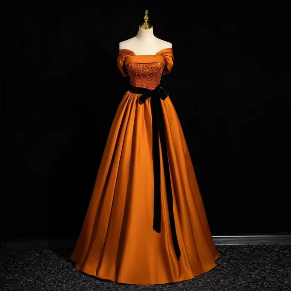 Élégant Orange Perlage Paillettes Satin Robe De Bal 2023 Robe Boule De l'épaule Sans Manches Dos Nu Noeud Ceinture Longue Robe De Ceremonie