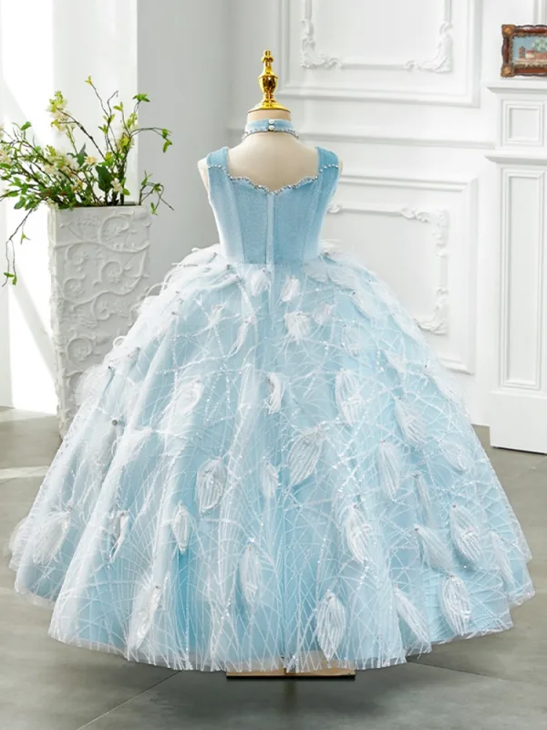 Elegant Sky Blue Beading Sequins Tassel Birthday Flower Girl Dresses 2024 Ball Gown Square Neckline Sleeveless Backless Floor-Length / Long