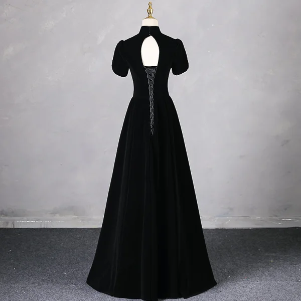 Elegant Black Rhinestone Prom Dresses 2024 A-Line / Princess High Neck Short Sleeve Backless Floor-Length / Long Prom Formal Dresses