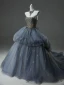 High-end Navy Blue Beading Cascading Ruffles Prom Dresses 2024 Ball Gown Strapless Sleeveless Backless Court Train Prom Formal Dresses