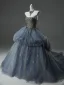 Luxury / Gorgeous Sky Blue Cascading Ruffles Prom Dresses Homecoming Graduation Dresses 2025 Ball Gown Strapless Handmade  Beading Sleeveless Backless Chapel Train Formal Dresses