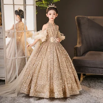 Sparkly Gold Sequins Birthday Sweep Train Flower Girl Dresses 2025 Ball Gown High Neck Short Sleeve