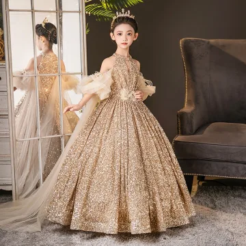 Scintillantes Doré Paillettes Anniversaire Train De Balayage Robe Ceremonie Fille 2025 Robe Boule Col Haut Manches Courtes