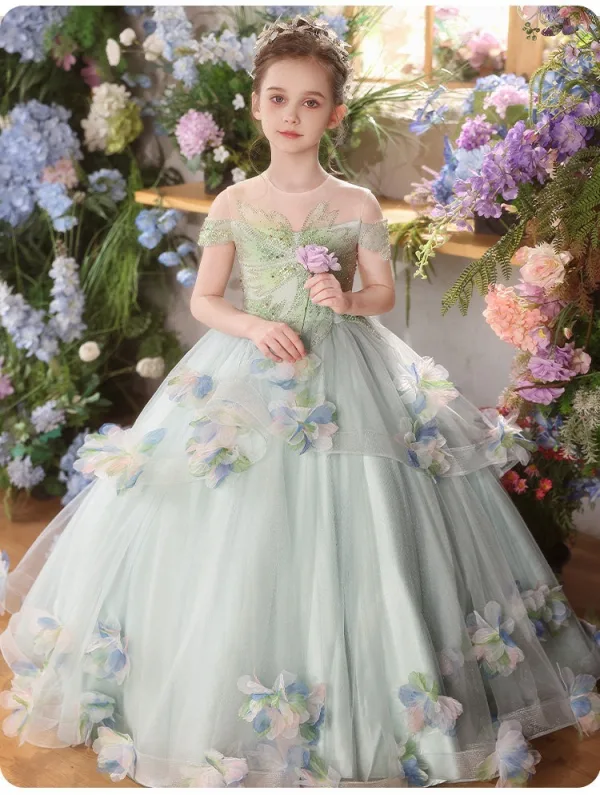 Flower Fairy Sage Green Beading Appliques Birthday Flower Girl Dresses 2026 Ball Gown Scoop Neck Sleeveless Floor-Length / Long Tulle