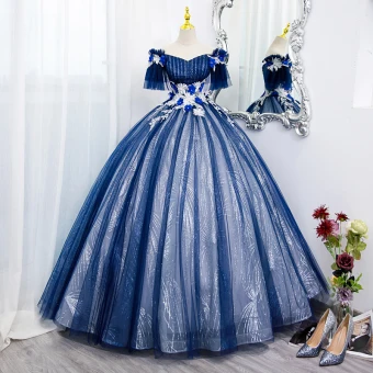 Élégant Bleu Roi Perlage Appliques Paillettes Robe De Bal 2022 Robe Boule De L Épaule Manches Courtes Dos Nu Longue Promo Robe De Ceremonie