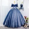 Elegant Royal Blue Beading Appliques Sequins Prom Dresses 2022 Ball Gown Off-The-Shoulder Short Sleeve Backless Floor-Length / Long Prom Formal Dresses