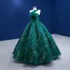 Vintage / Retro High-end Dark Green Sequins Prom Dresses 2022 Ball Gown One-Shoulder Sleeveless Backless Floor-Length / Long Prom Formal Dresses