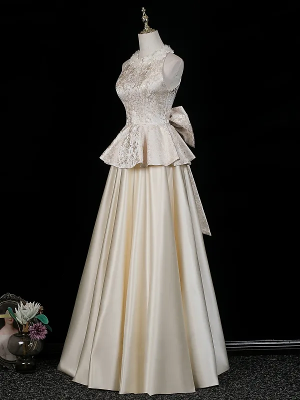 Élégant Champagne Appliques Noeud Robe De Soirée 2026 Princesse Col Haut Sans Manches Longue Soirée Robe De Ceremonie