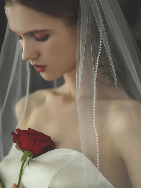 Modest / Simple White Handmade  Pearl Bridal 1 m Wedding Veils 2025 Tulle