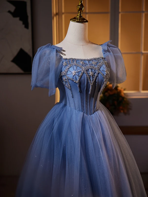Chic / Beautiful Ocean Blue Glitter Rhinestone Prom Dresses 2024 Ball Gown Square Neckline Puffy Short Sleeve Backless Formal Dresses Prom Floor-Length / Long